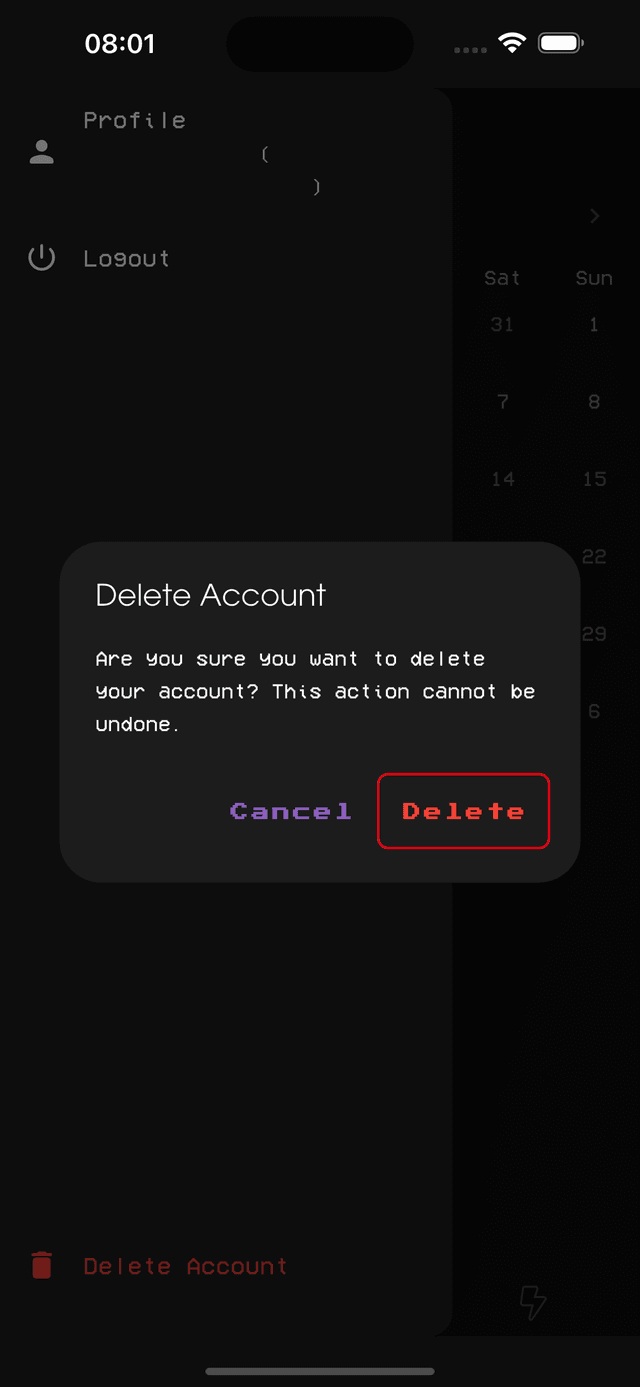 Step 3: Delete Account screen